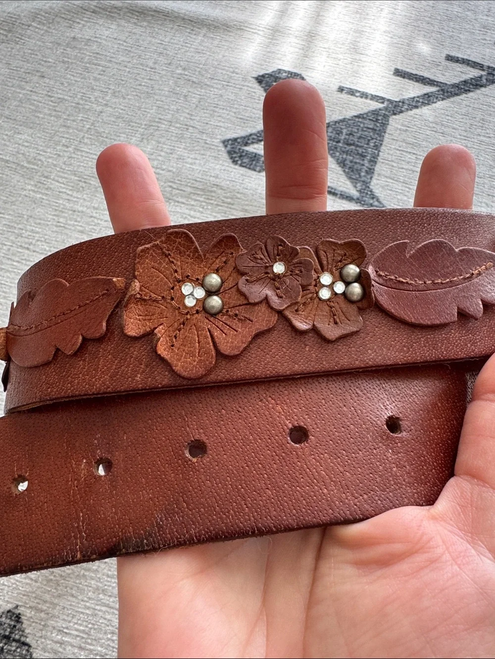 Hollister Brown Leather Floral Rhinestone Wide Belt Boho Y2K Western 40”